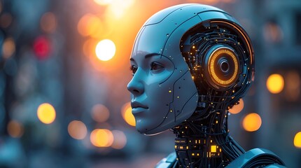 A detailed profile of a futuristic humanoid robot head with exposed internal mechanisms and glowing lights against a bokeh urban background.