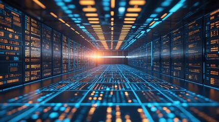 A vibrant digital data center corridor featuring glowing server racks and illuminated grid patterns on the floor, symbolizing advanced technology and information flow.