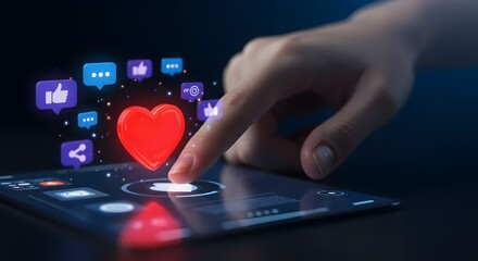 A Touch of Connection: Glowing Red Heart and Social Media Icons Rise from a Digital Screen.