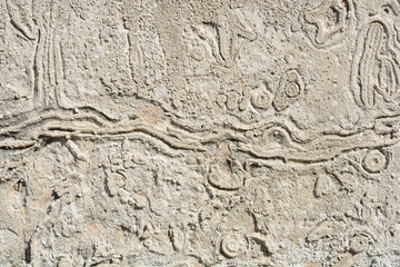 A textured close-up of a rough, sandy wall surface with irregular, carved patterns and lines