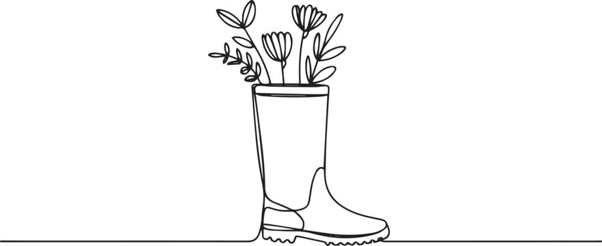 Continuous single line drawing of a rain boot filled with blooming flowers and leaves, minimalist one line art illustration