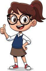 Cartoon, girl, character, glasses, ponytail, red hairband, white shirt, blue vest, brown skirt, red sneakers, thumbs up, smiling, confident, standing, cheerful, child, student, pose, gesture, 