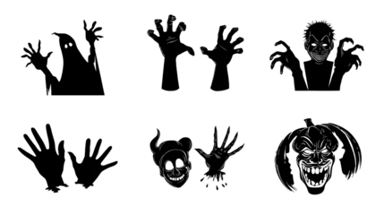 Black silhouette Halloween hands and monster figures with scary gestures, perfect for spooky decorations and horror themes
