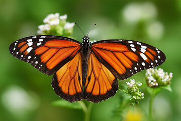 Fototapeta premium A close up of a monarch butterfly resting on a white flower with a blurred green background outdoors