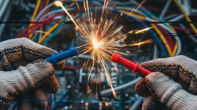 Close-up of hands in gloves connecting wires, creating sparks amidst colorful electrical cables
