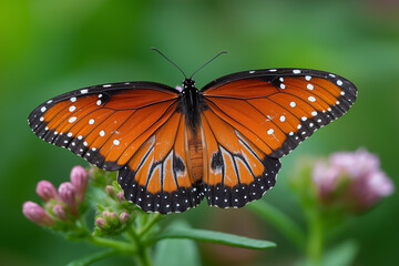 A vibrant queen butterfly resting on delicate pink flowers with a soft green blurred background outdoors