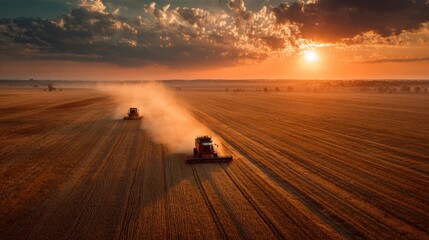 Harvest machines operate in a golden wheat field at breathtaking sunset from drone view, capturing the beauty and efficiency of modern agriculture. concept of innovative farming technology.