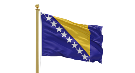 Flag of Bosnia and Herzegovina waving on flagpole isolated on white background, national symbol perfect for cultural and educational content