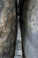 The Himmelsleiter is a narrow steel staircase through a very narrow gorge that leads you to the top of the 'kuhstall', in the Saxon Switzerland nature reserve