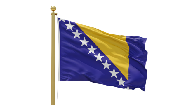 Flag of Bosnia and Herzegovina waving on flagpole isolated on white background, national symbol perfect for cultural and educational content