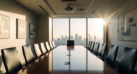 Obraz premium Business Meeting, Conference Room, City Skyline, Photo, Modern Environment, Wide Angle, Professional Setting