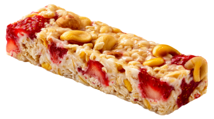 Granola bar with strawberries and nuts covered in glaze on white background, cut out transparent