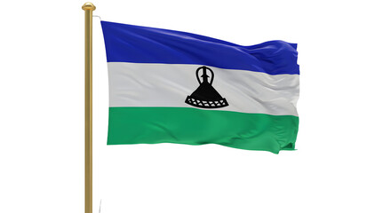 Flag of Lesotho waving on flagpole with blue white and green horizontal stripes and black Basotho hat emblem, symbol of African nation