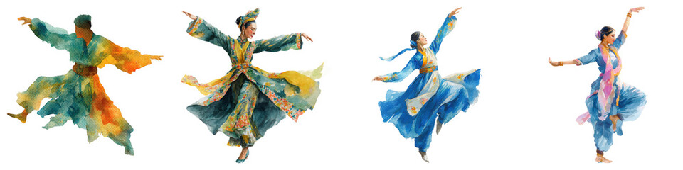 Fototapeta premium Happy diwali clipart watercolor, A vibrant display of dancers in colorful attire performing graceful movements, showcasing traditional dance.