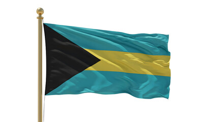 Flag of the Bahamas waving on a flagpole against a white background, symbol of national pride and Caribbean culture