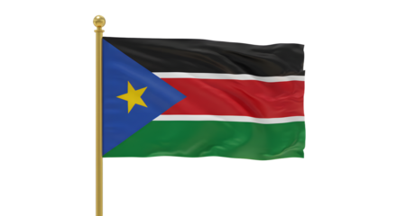 Flag of South Sudan waving on a flagpole against white background, symbol of independence and national pride