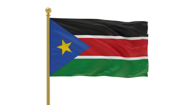 Flag of South Sudan waving on a flagpole against white background, symbol of independence and national pride