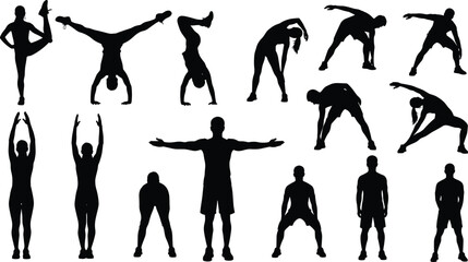 Silhouette exercise poses, fitness routine, workout stretches, yoga positions, physical training, healthy lifestyle, gym exercises, body movements, flexibility, strength training
