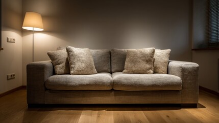 A serene living room with a grey three-seater sofa, textured pillows, a floor lamp emitting soft light,