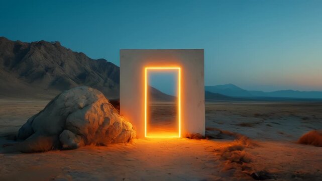 Mysterious glowing door in a desert landscape at sunset creates an enchanting atmosphere
