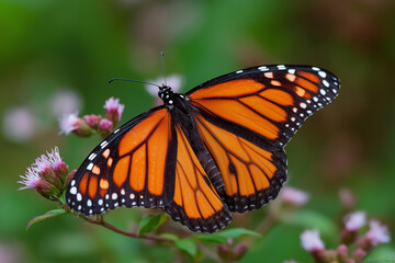 Naklejka premium A monarch butterfly perched on a plant with small pink flowers in a natural outdoor setting close up view