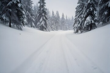 Obraz premium Snowy forest path, quiet and serene.