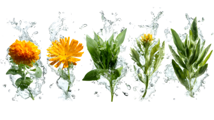 Fresh marigold and green leafy herb plants splashing underwater with clear water droplets, isolated on white background, perfect for gardening and herbal themes