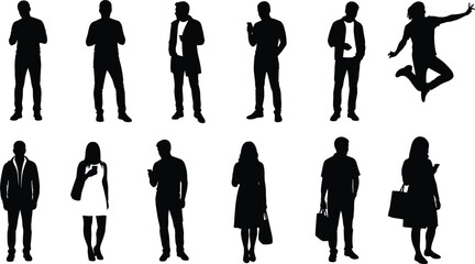 Human silhouette poses, vector illustration, people in motion, standing figures, jumping pose, phone and bag icons, clipart, character design
