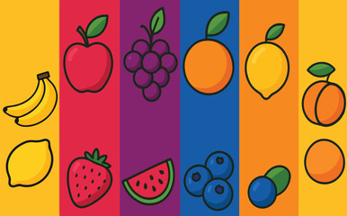 Vibrant minimalistic line art collection of banana apple strawberry orange mango grape and papaya designs for labels posters and price tags