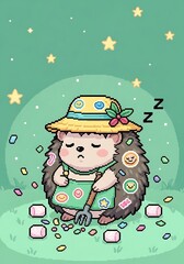 Sleepy garden hedgehog dreaming under a starlit sky filled with sweet dreams and gardening tools