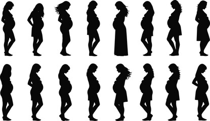 Pregnant women silhouettes, side profile poses, maternity stages, vector illustration, black shapes, motherhood icon, clipart, female design set