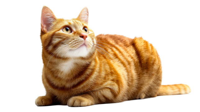 Curious ginger tabby cat lying down attentively on a white surface looking upwards, cut out transparent