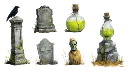 Halloween spooky graveyard scene with tombstones, green poison bottles, and a skeleton bust, perfect for Halloween or horror-themed projects