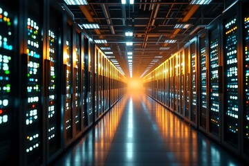 Fototapeta premium Servers in High-Tech Facility, Indoor Environment, Dynamic Perspective