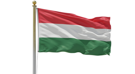 Hungarian national flag waving on flagpole against white background, symbol of Hungary and patriotism