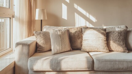 A cozy sofa with soft pink curtains allows bright sunlight to cast gentle shadows on white walls, cushions,