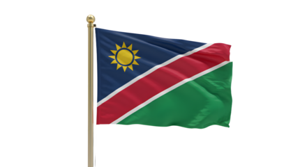 Namibia flag waving on pole isolated on white background, Namibian national symbol perfect for geography and cultural projects