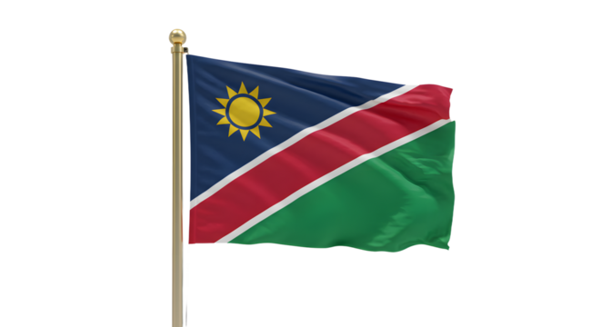 Namibia flag waving on pole isolated on white background, Namibian national symbol perfect for geography and cultural projects