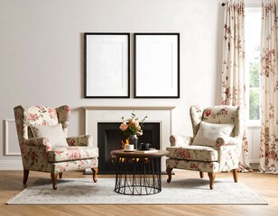 Cottage style living room with floral armchairs fireplace blank framed art and patterned curtains