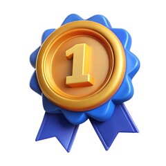 Golden medal with blue ribbon. First place gold award. 3d isolated icon on white background. Cartoon plastic style Stock Illustration