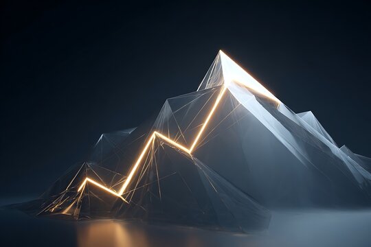 Stunning abstract mountain landscape with vibrant glowing golden lines symbolizing growth and success, perfect for finance and business themes.