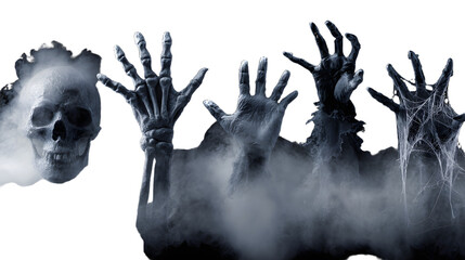 Spooky skeleton and zombie hands rising from fog with spider web on black background, perfect for Halloween and horror themes