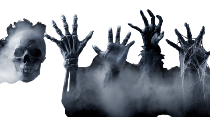 Spooky skeleton and zombie hands rising from fog with spider web on black background, perfect for Halloween and horror themes