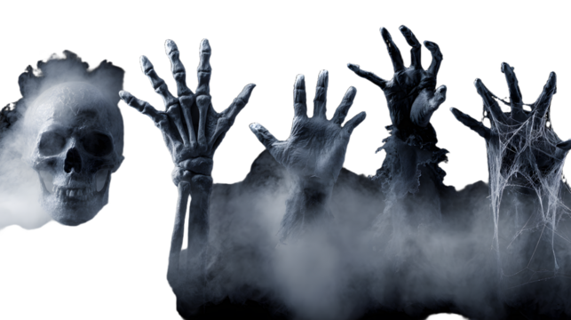 Spooky skeleton and zombie hands rising from fog with spider web on black background, perfect for Halloween and horror themes