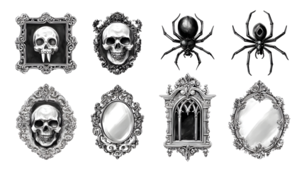 Vintage gothic ornate mirrors and skull decorations with spider figures in black and white, perfect for Halloween or horror-themed designs
