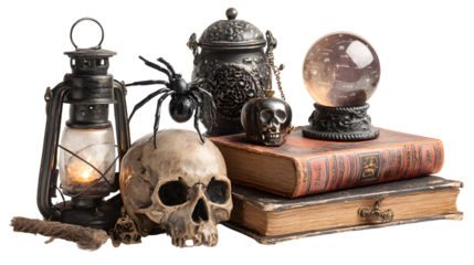 Vintage skull and old books with crystal ball, lantern, and ornate container on white background, perfect for Halloween or spooky themes