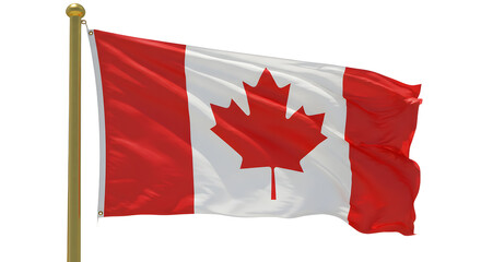 Waving Canadian flag on flagpole isolated on white background, symbol of Canada and patriotism