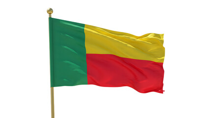 Waving flag of Benin with green, yellow, and red colors on a pole, isolated on white background, perfect for cultural and international events