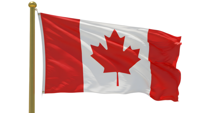 Waving Canadian flag on flagpole isolated on white background, symbol of Canada and patriotism