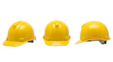 Three yellow hard hats lined up, presenting different angles, safety gear for construction workers